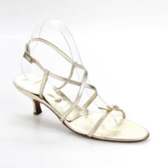 Vera Wang Gold Metallic Leather Kitten Strappy 8 - Picture 1 of 6